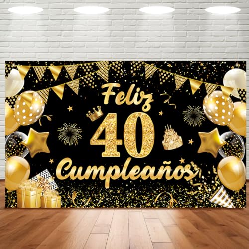 Meleager Decoración Cumpleaños Oro Negro, Pancarta 40 Años 180 x 110 cm, Photocall, Cartel Feliz...