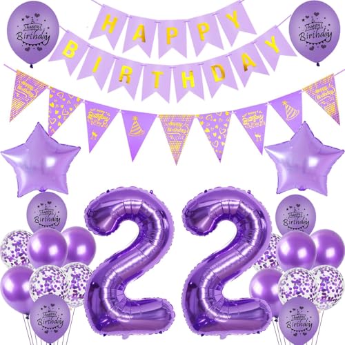 Decoración 22 Años Cumpleaños Mujer - Globos Morados y Regalo para Celebración