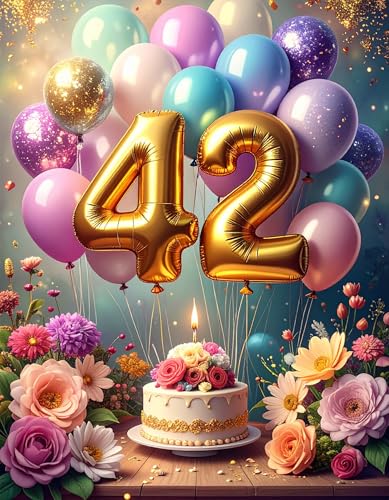 Tarjeta 42 Cumpleaños – 42 Años Mujer y Hombre, Flores, Globos y Tarta
