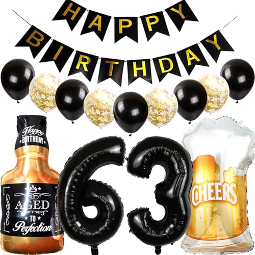Feelairy Decoración Cumpleaños 63 años Hombre, Globo 63 años Mujer Cumpleaños Oro Negro, Globo...