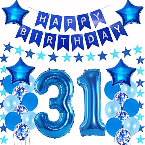 Globos 31 cumpleaños hombre decoración foil, banderola 31 cumpleaños hombre azul