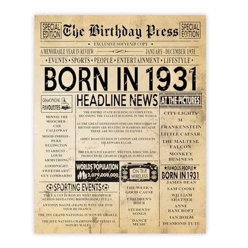 Stuff4 Póster de cumpleaños número 84 sin marco, periódico vintage nacido en 1931, regalos de...