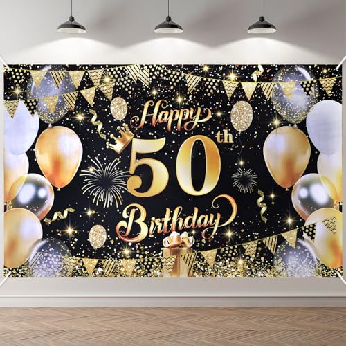 ANOMM Pancarta Feliz Cumpleaños 50 Anos, Negro y Dorado Happy Birthday Decoracion, Telón de Fondo...