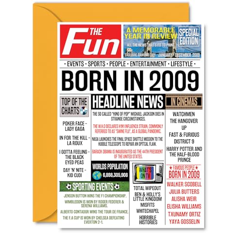 Stuff4 Tarjetas de cumpleaños número 16 para niñas y niños – Born In 2009 Newspaper –...