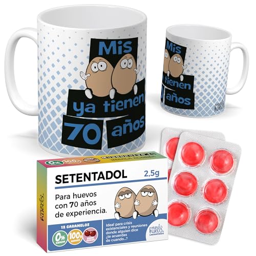 Pack Regalo 70 Cumpleaños Original: Taza Divertida “Mis Huevos ya Tienen 70 Años” + Caramelos...