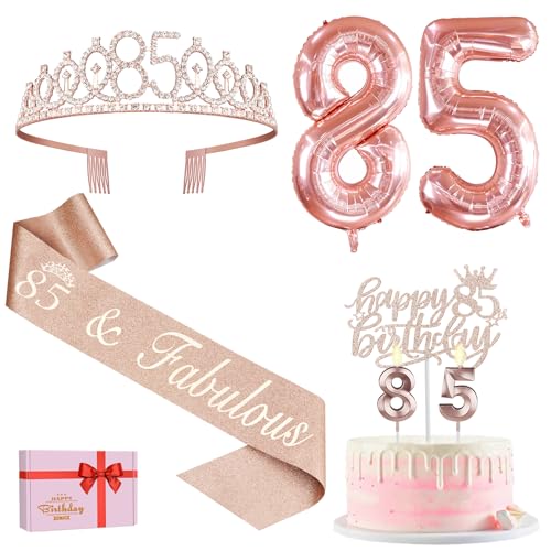 Amosking Decoraciones de cumpleaños número 85 para mujer, incluyendo banda y corona de cumpleaños...