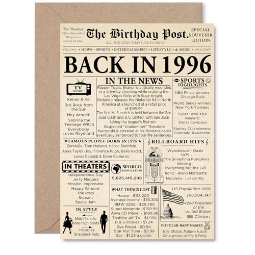 Tarjeta de cumpleaños número 29 para hombres y mujeres, periódico en 1996, tarjetas de feliz...