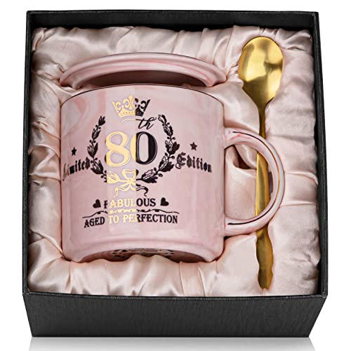 Regalos de 80 cumpleaños para mujeres, taza de café rosa de 14 onzas con patrón dorado, el mejor...