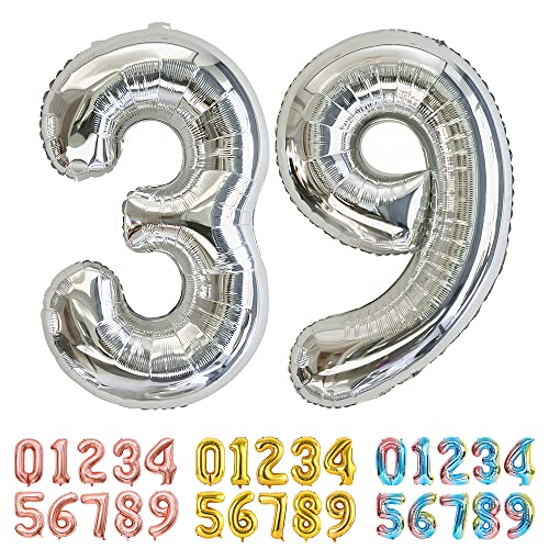 Ponmoo Foil Globo Número 39 93 Plata, Gigante Numeros 0 1 2 3 4 5 6 7 8 9 10-19 20-29 30-39 40 50...