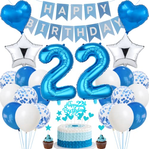Decoración de cumpleaños para 22 años, color azul, decoración para tartas de cumpleaños, 22...
