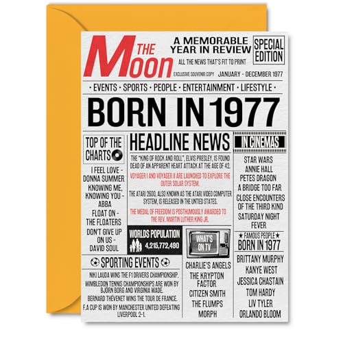 Tarjetas de cumpleaños número 48 para mujeres y hombres – Born In 1977 Newspaper – Tarjeta de...