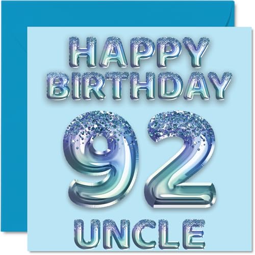 Tarjeta de cumpleaños número 92 para tío, globos de fiesta con purpurina azul, tarjetas de feliz...