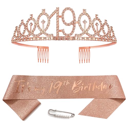 Banda de oro rosa de 19 cumpleaños para niñas, corona de princesa, tiara de reina, diadema de...