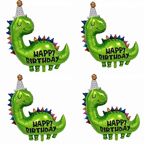 4 globos de dinosaurio verdes, 86 x 88 cm, globos de cumpleaños con sombrero de cumpleaños feliz para niños, baby shower, baby shower, fiesta temática de safari de la selva, decoración