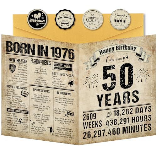 Benjia Tarjetas de felicitación de cumpleaños número 50 para hombres y mujeres, nacidas en 1976,...