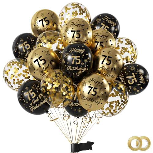 15pcs Años Decoracion Cumpleaños,Oro Negro Fiesta 75Años Globos cumpleaños con Happy Birthday...