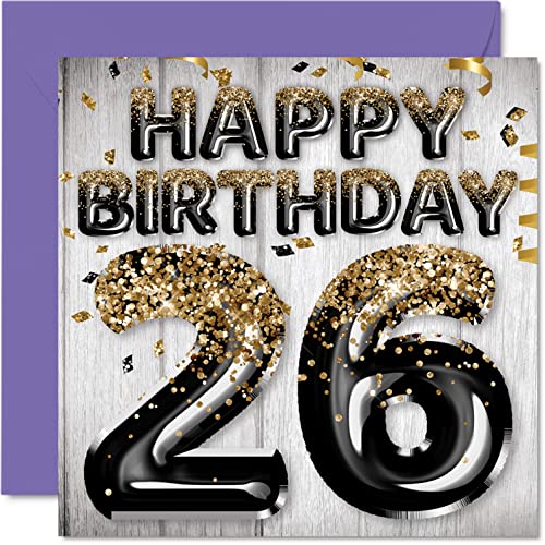 Stuff4 Tarjeta de cumpleaños número 26 para hombres, globos negros y dorados con purpurina,...