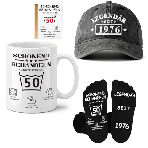 Set de regalo de 50 cumpleaños para hombres, gorra de béisbol 'Legendär seit 1976' (gris oscuro)...