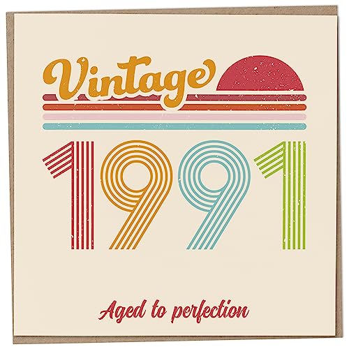 Tarjeta de cumpleaños 32 – Vintage 1991 Aged to Perfection, divertida tarjeta de felicitación para hombres y mujeres, tarjetas de cumpleaños para mujeres, tarjetas de cumpleaños para hombres, tarjeta