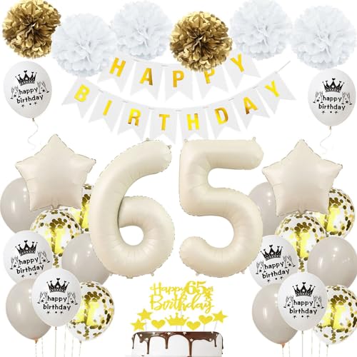 Decoracion 65 Cumpleaños Beige y Oro - Globos para Mujer y Hombre - Decoraciones Fiesta 65 Años