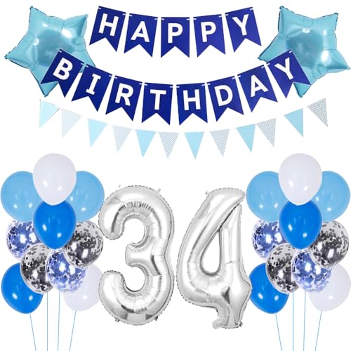 ZWWsullo Globo para 34 cumpleaños, decoración para niños, color azul, decoración de plata,...
