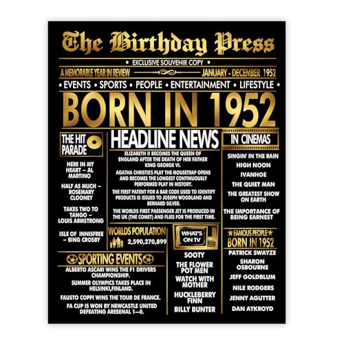 Stuff4 Póster dorado de 73 cumpleaños sin marco, periódico dorado nacido en 1952, feliz...