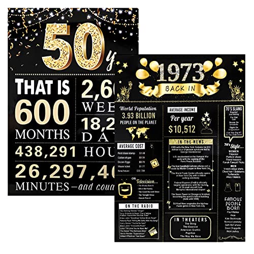 OOTSR Póster de cumpleaños de 1973,Decoración de 50 cumpleaños para mujeres o hombres, 2 pósteres de cumpleaños vintage de oro negro, suministros de fiesta de cumpleaños regalos 8 x 12 inch