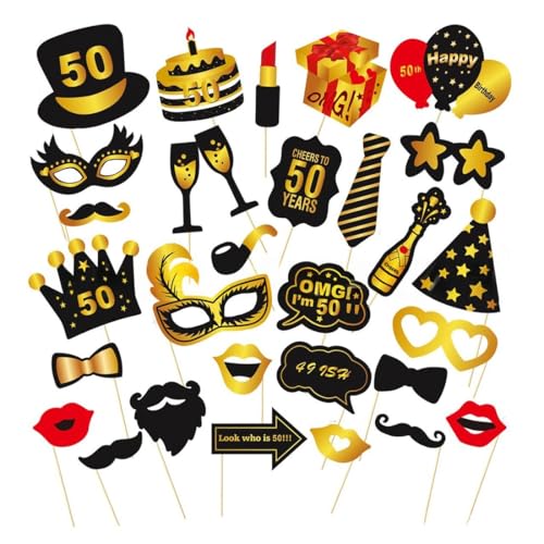 30 Piezas Accesorios Photocall Foto Props, Accesorios Photocall para 50 Cumpleaños Negro Dorado,...
