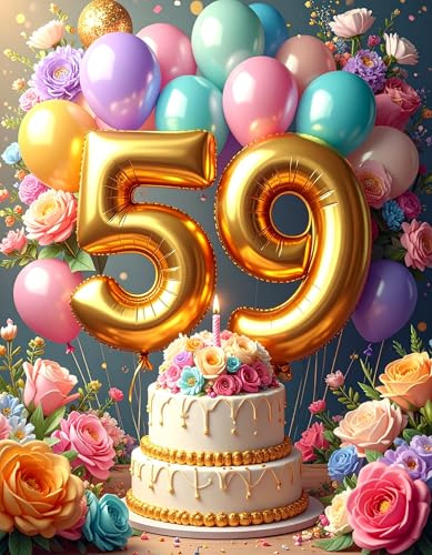 Genérico Tarjeta 59 Cumpleaños y Aniversario con Globos y Flores - Felicitación 59 Años para...