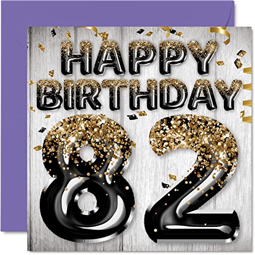 Tarjeta de cumpleaños 82 para hombres, globos negros y dorados con purpurina, tarjetas de feliz...