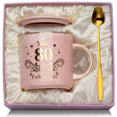 Regalo Mujer 80 Años Taza de Cerámica Jaspeada Rosa 400ml - Cumpleaños Originales para Abuela Con...
