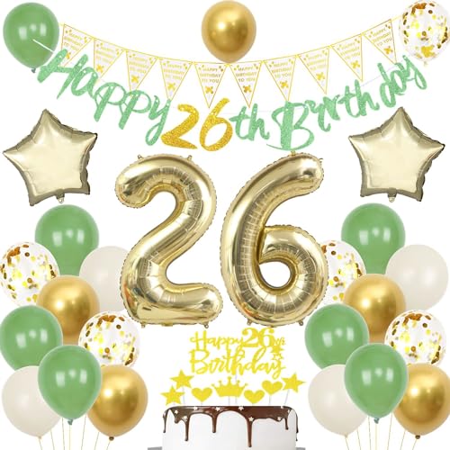 Globos 26 cumpleaños verde oro, Decoraciones Fiesta 26 cumpleaños Hombre Mujer, Cumpleaño 26...