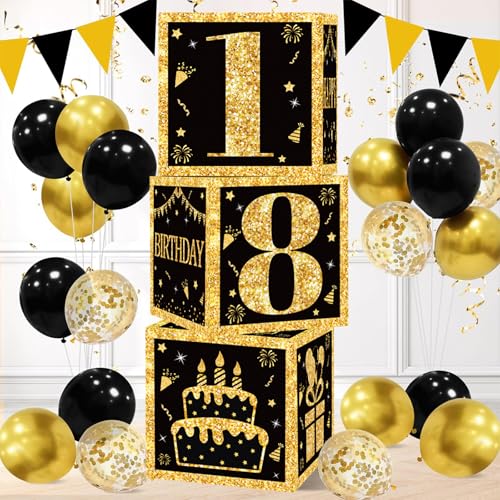 Decoraciones para 18º Cumpleaños, 3pcs Caja de cumpleaños Oro Negro, Caja para globos regalos...