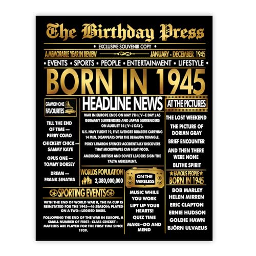 Stuff4 Póster dorado de 80 cumpleaños sin marco, periódico dorado nacido en 1945, feliz...