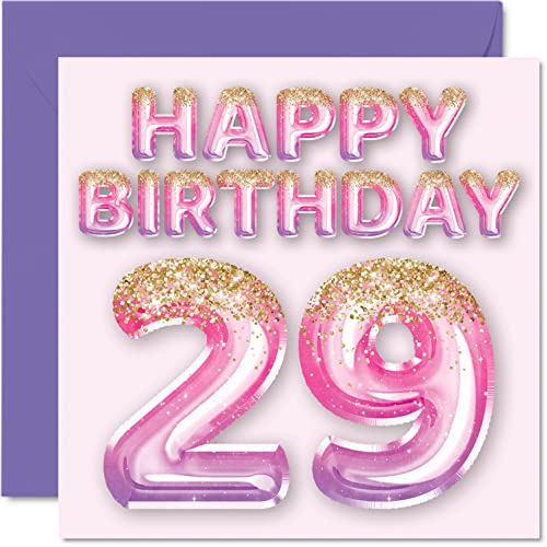 Tarjeta de cumpleaños número 29 para mujer, globos de purpurina rosa y morada, tarjetas de feliz...
