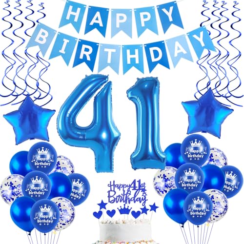 Globos 41 Cumpleaños Decoración Hombre Azul - Happy Birthday 41 Años - Globo de Helio y Papel de...