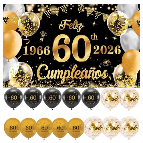 (1+15) Decoración para Cumpleaños 60 Escrita en Español 1 Pancarta Feliz Cumpleños 60...