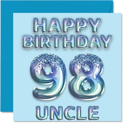 Tarjeta de cumpleaños número 98 para tío, globos de fiesta con purpurina azul, tarjetas de feliz...