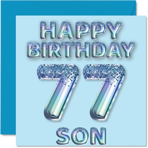 Tarjeta de cumpleaños número 77 para hijo, globos de fiesta con purpurina azul, tarjetas de feliz...