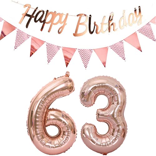 Globos 63 cumpleaños decoración mujer oro rosa+Guirnalda feliz cumpleaños +cadena de gallardetes...