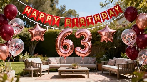 Decoración de cumpleaños para 63 globos, 63 cumpleaños para mujeres, globos grandes número 63,...