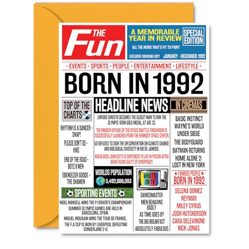 Tarjetas de cumpleaños número 33 para mujeres y hombres, periódico nacido en 1992, tarjeta de...