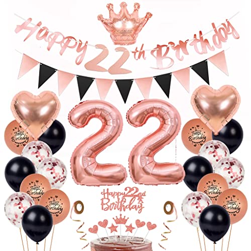 Decoración de 22 Años Cumpleaños Mujer, Globos 22 Cumpleaños Oro Rosa Negro, Decoración para...