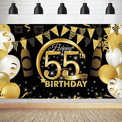 PLATEYTR 55 Años Decoración de Fiesta de Cumpleaños55 Años Fondo de Cumpleaños de Oro Negr,55...