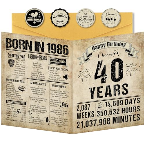 Benjia Tarjetas de felicitación de cumpleaños número 40 para hombres y mujeres, nacidas en 1986,...