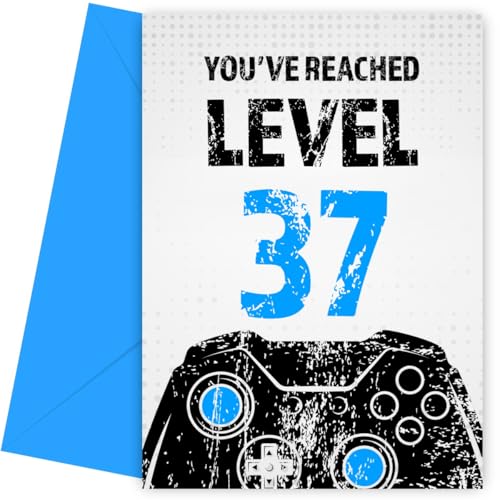 Tarjeta de cumpleaños número 37 para hombre, color negro y azul, alcanzó el nivel 37, tarjetas de...