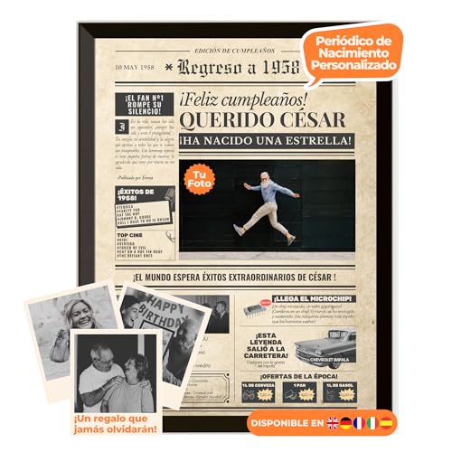 Periódico de cumpleaños 1958 – póster personalizado año nacimiento con foto, nombre y mensaje...