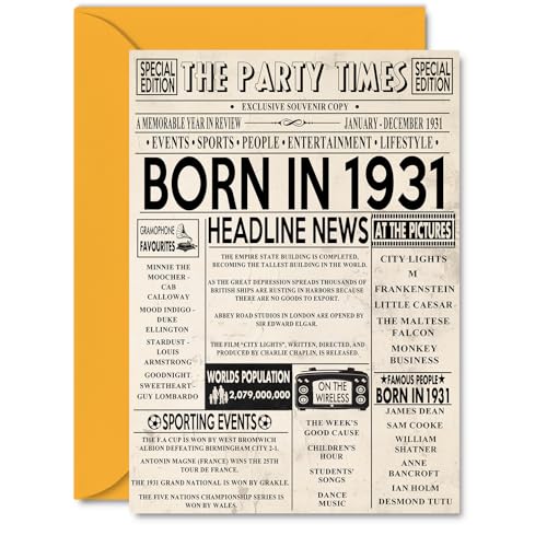 Tarjetas de cumpleaños número 94 para mujeres y hombres – Born In 1931 Newspaper – Tarjeta de...