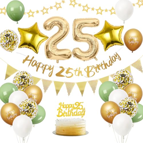 Decoración 25 Años Oro Verde - Globos de Aluminio, Pancartas para Cumpleaños - Fiesta Decoración...
