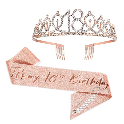 YongHang 18 Cumpleaños Chica Corona y banda Oro Rosa Decoracion Fajín y Tiara 18 Cumpleaños...